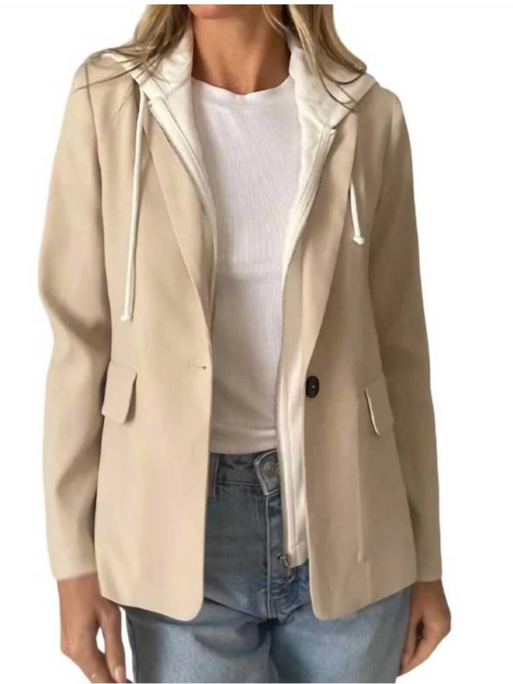 Six/fifty Womens Sand Drew Blazer Size Medium White Detachable Hoodie